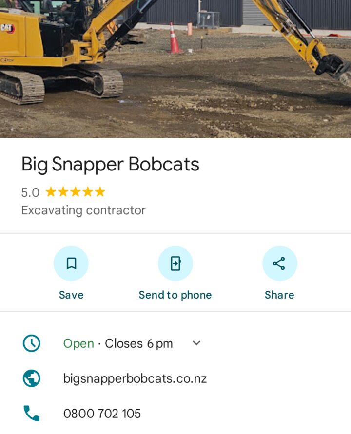 Big Snapper Bobcats' Google Business Profile showing its 5.0 star rating, hours, website and phone number
