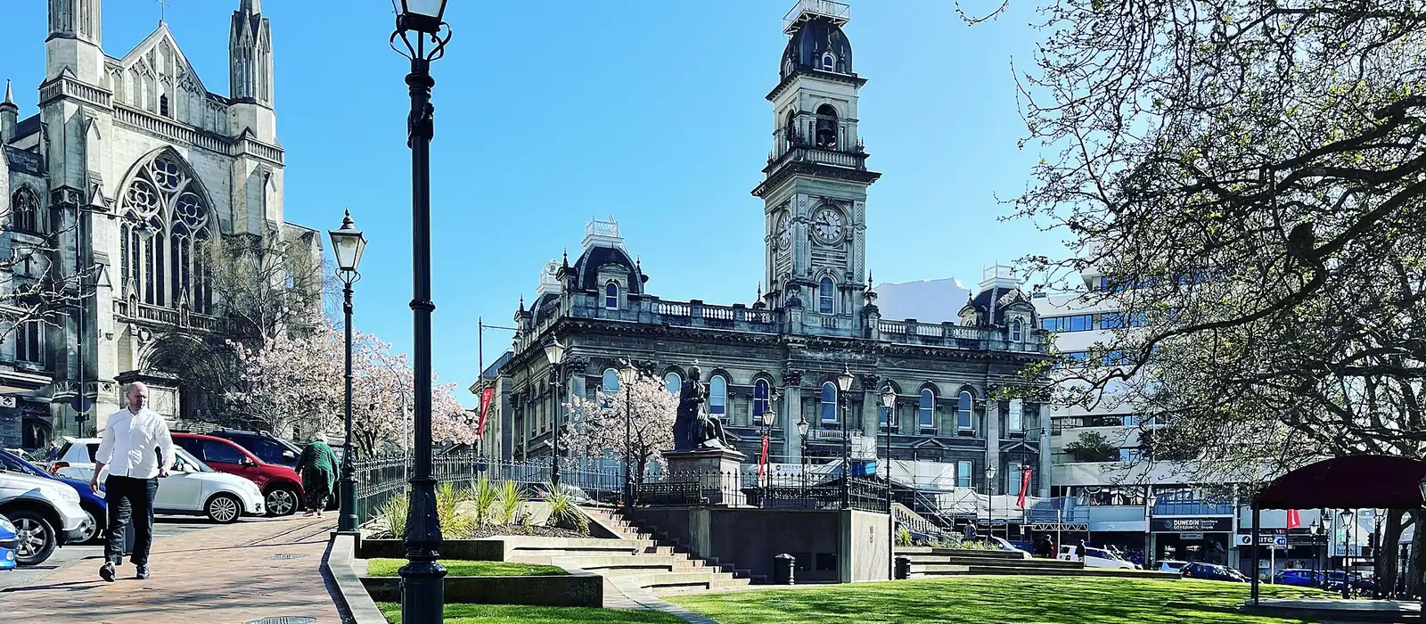 The Octagon in central Dunedin with the Municipal Chambers and St Paul's Cathedral