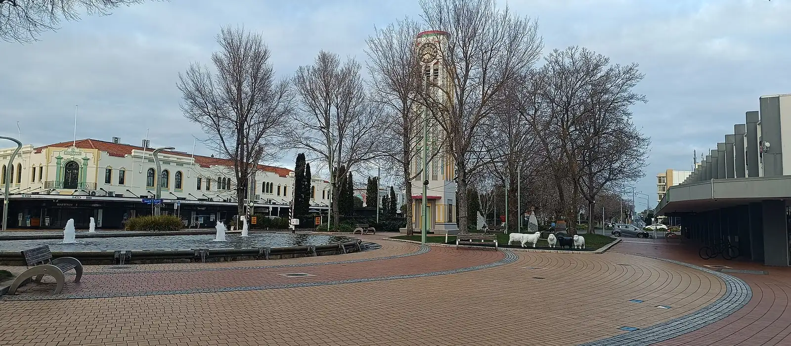 The clock tower and central plaza in Hastings, Hawke's Bay