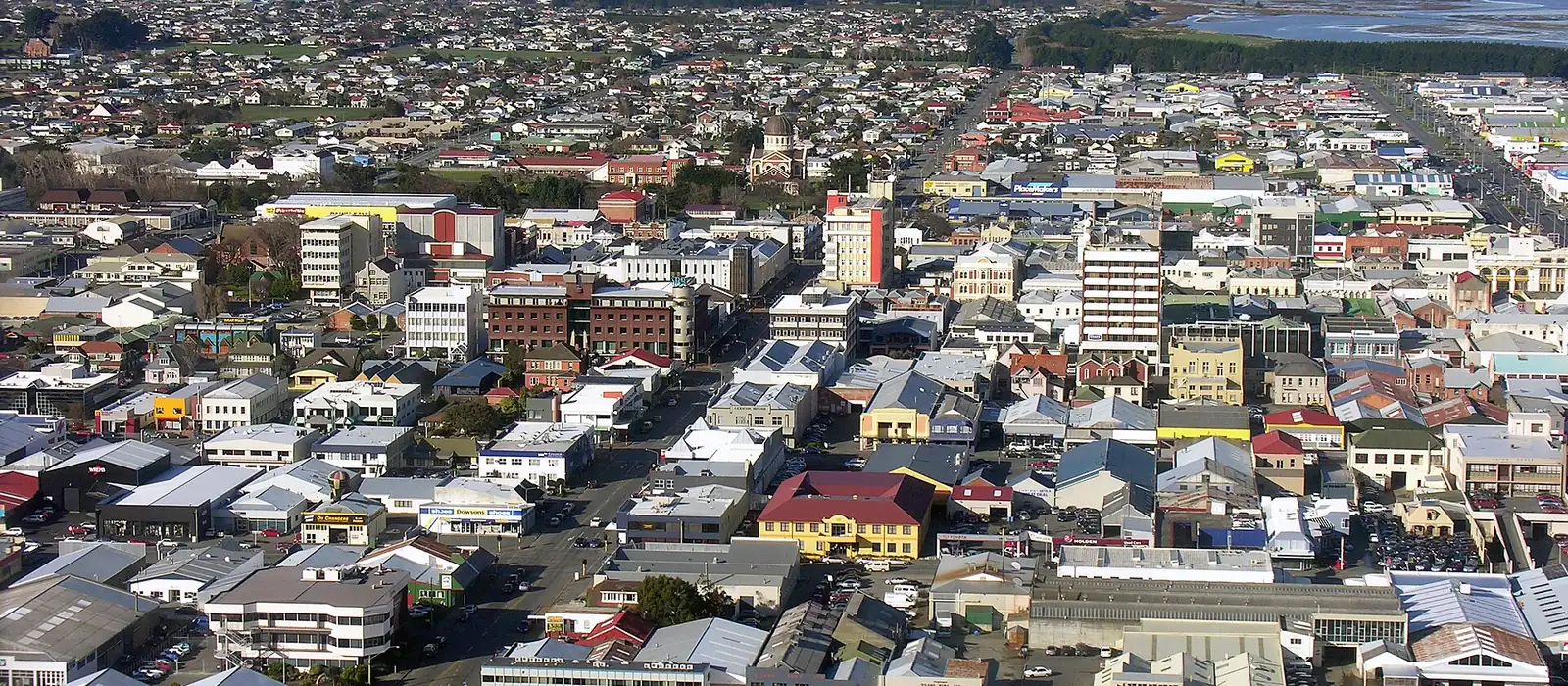 Aerial view over central Invercargill and the surrounding suburbs