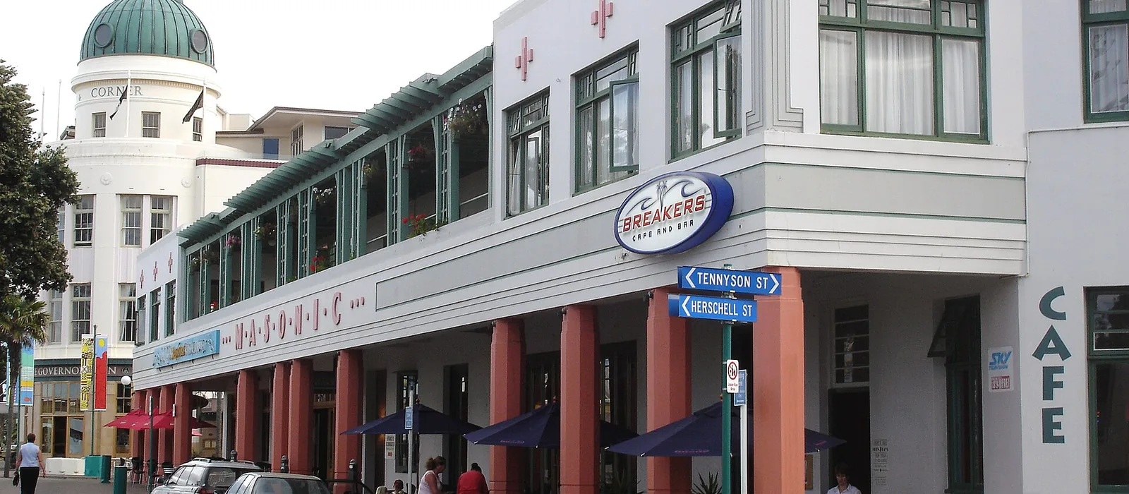 Art deco buildings on a street corner in central Napier