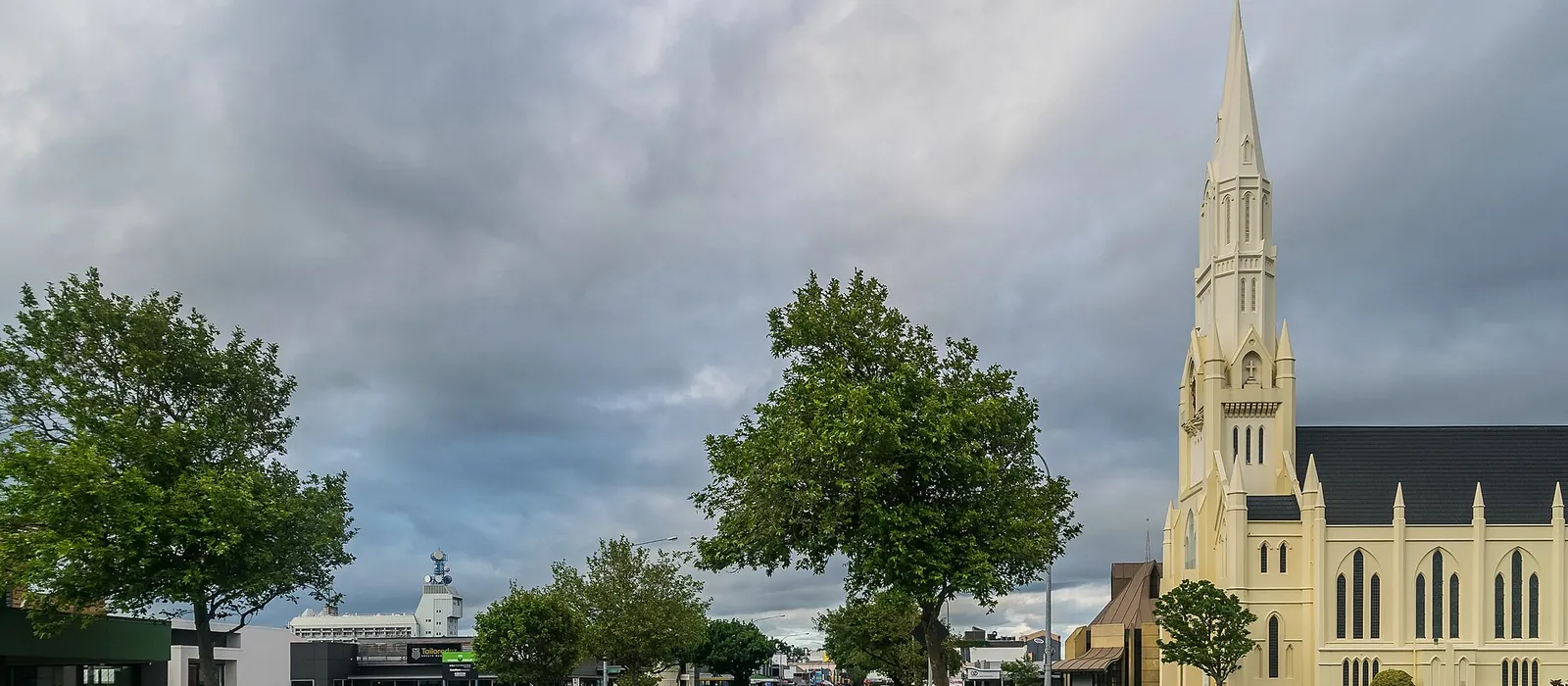 Broadway Avenue in central Palmerston North, looking towards All Saints Church