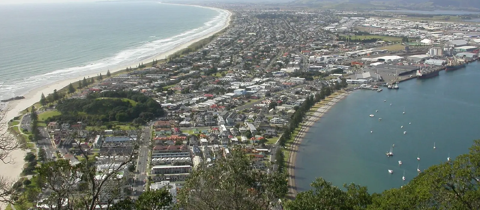 Aerial view over Mount Maunganui, the beach and Tauranga harbour