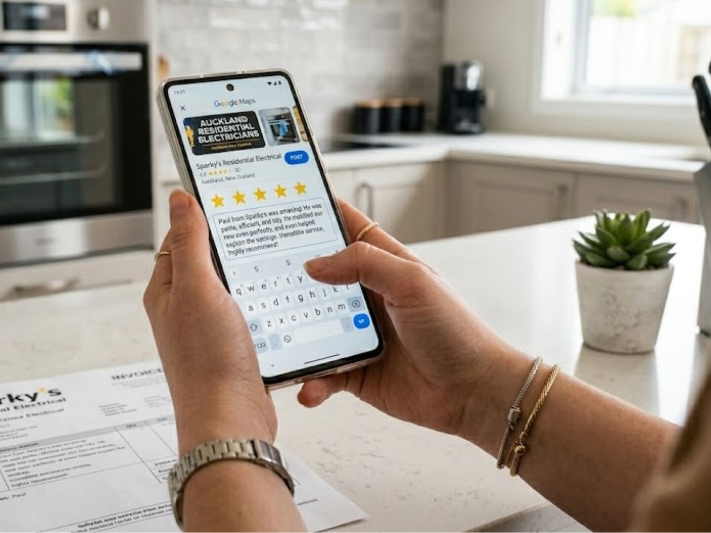 Five-star Google reviews on a phone for a local trade business